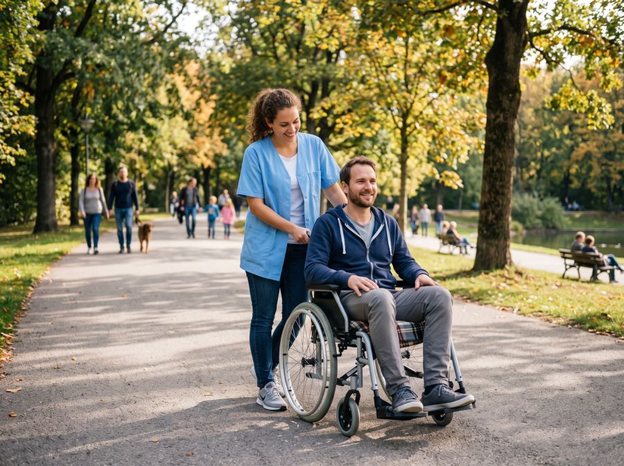 Pflegerin begleitet jungen Rollstihlfahrer im Park