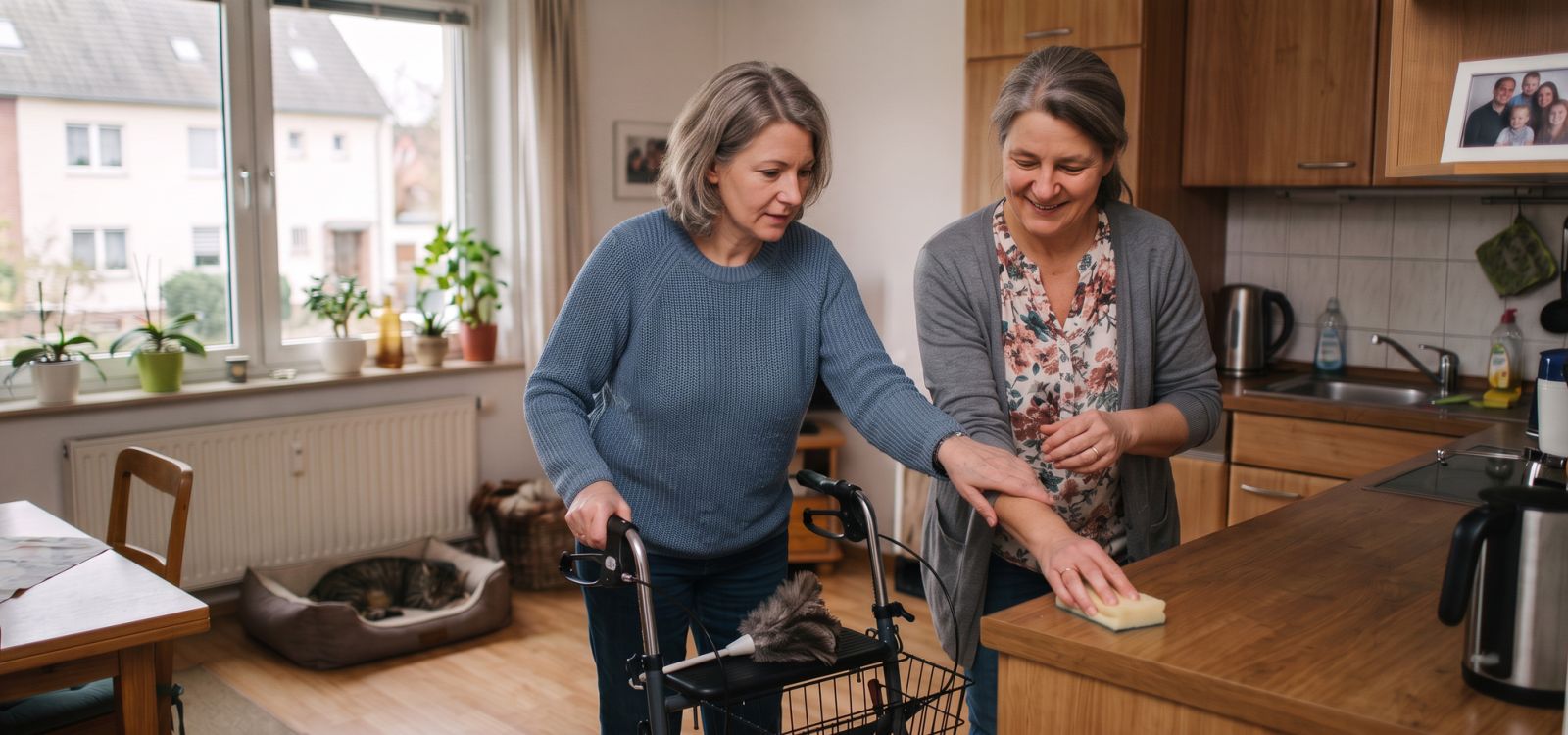 Eine weibliche Person mittleren Alters am Rollator wird von einer anderen weiblichen Person im mittleren Alter im Alltag (hier in der Küche) unterstützt