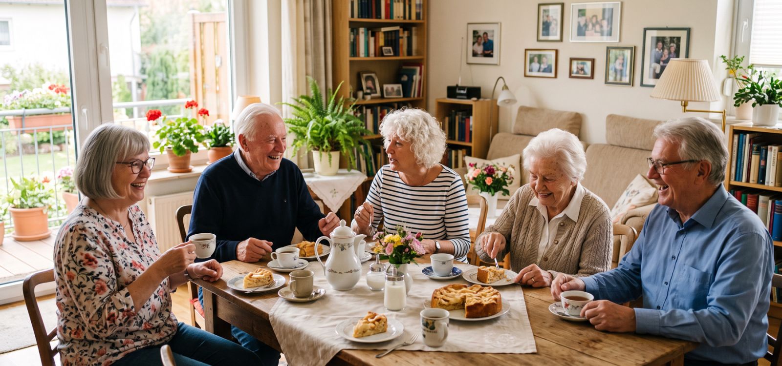 5 Senioren und Seniorinnen sitzen bei Kaffee & Kuchen im Wohnzimmer