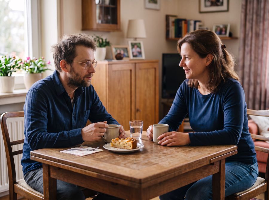 Eine Pflegekraft unterhält sich bei Kaffee und Kuchen mit der pflegebedrüftigen Person