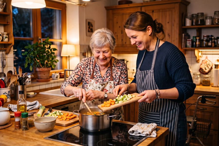Gemeinsames Kochen einer Pflegebedürftigen älteren Dame mit einer Betreeungskraft