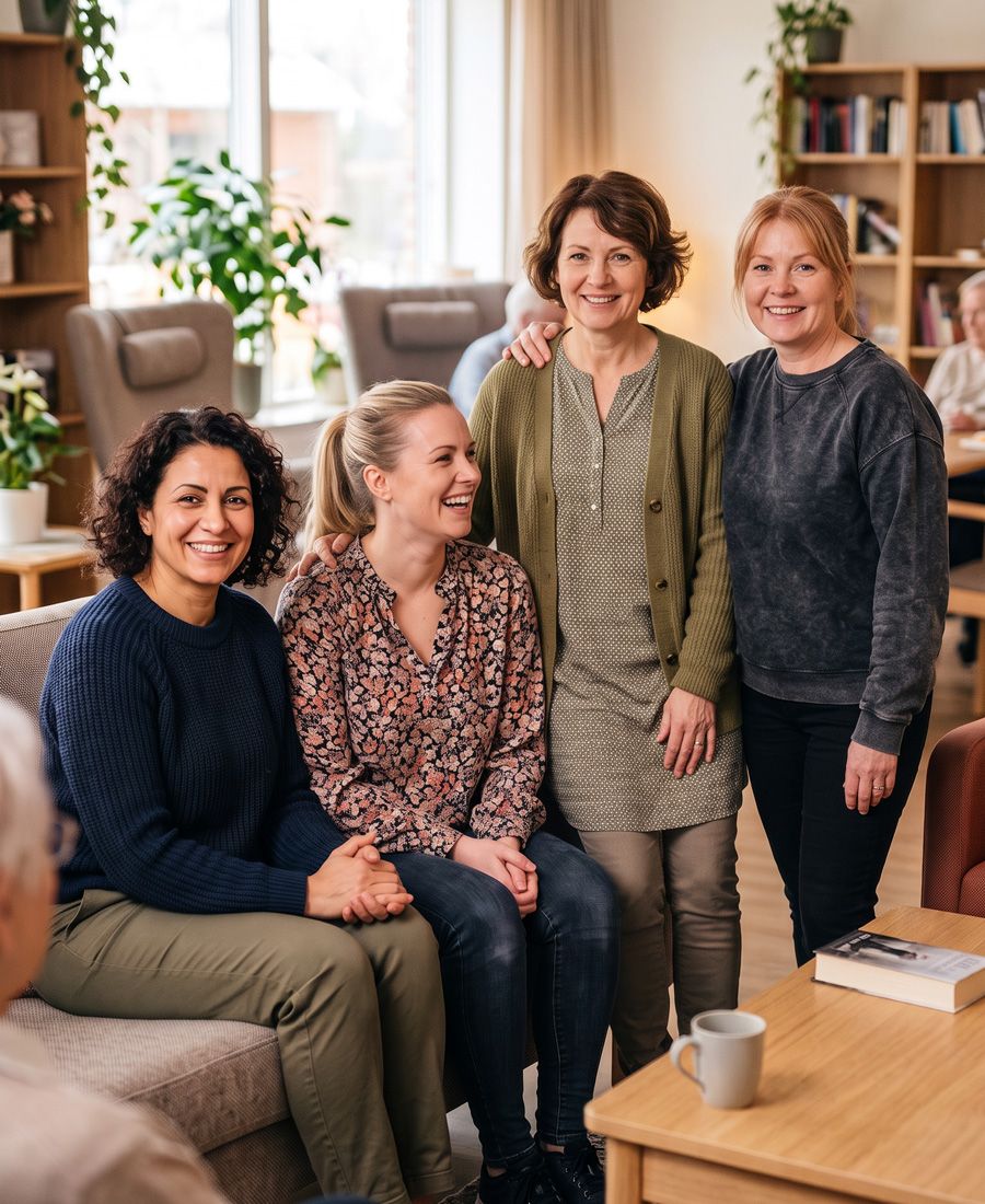 Eine Pflegekraft unterhält sich bei Kaffee und Kuchen mit der pflegebedrüftigen Person